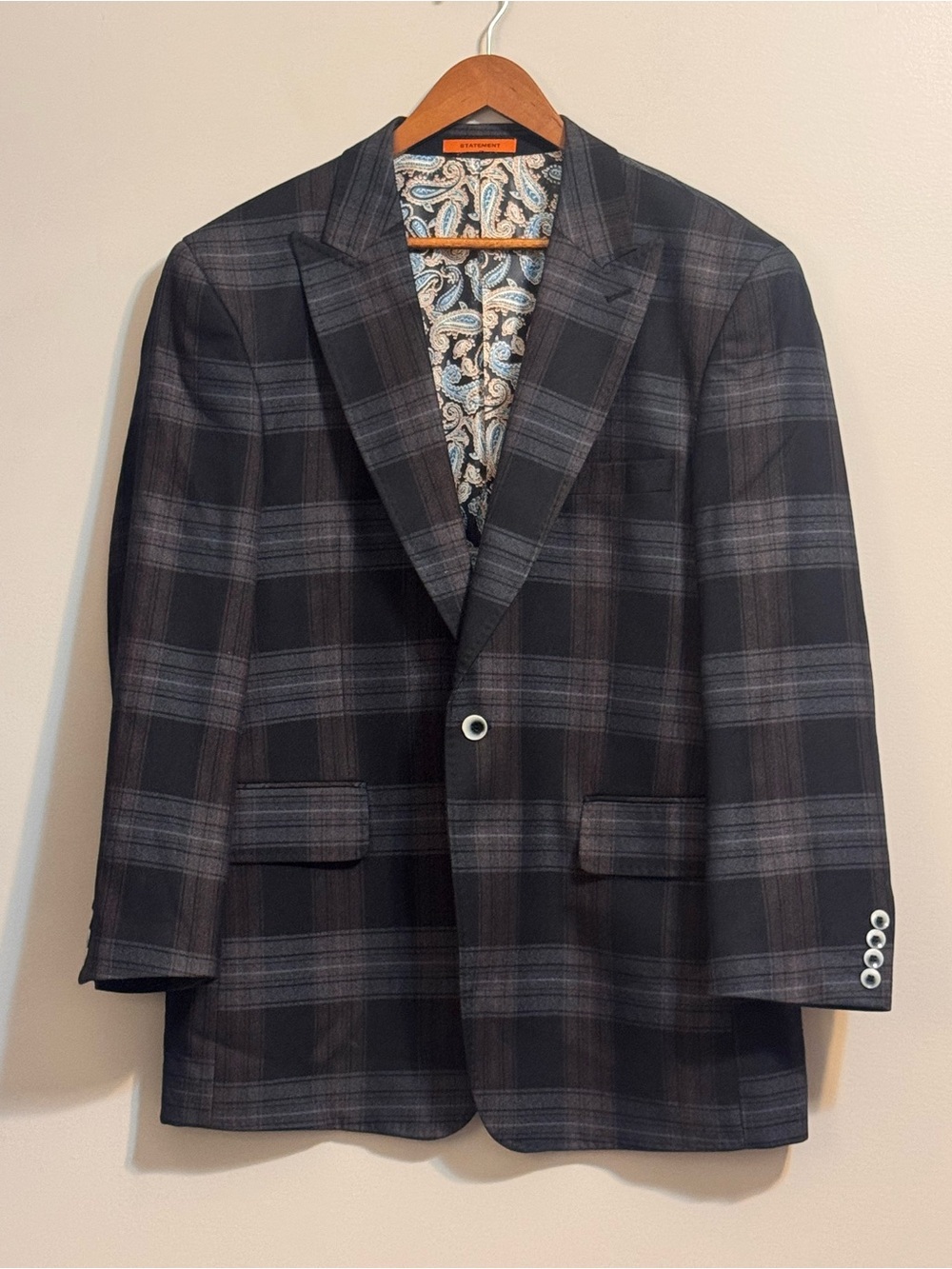 Statement Men’s 40R Plaid Blazer Sport Coat Paisley Lined Black Gray Brown